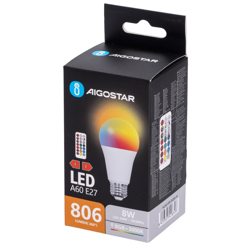 Aigostar - Lampadina LED RGBW dimmerabile A60 E27/8W/230V 3000K + telecomando
