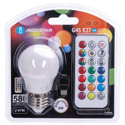 Aigostar - Lampadina LED RGBW dimmerabile G45 E27/6W/230V 3000K + telecomando