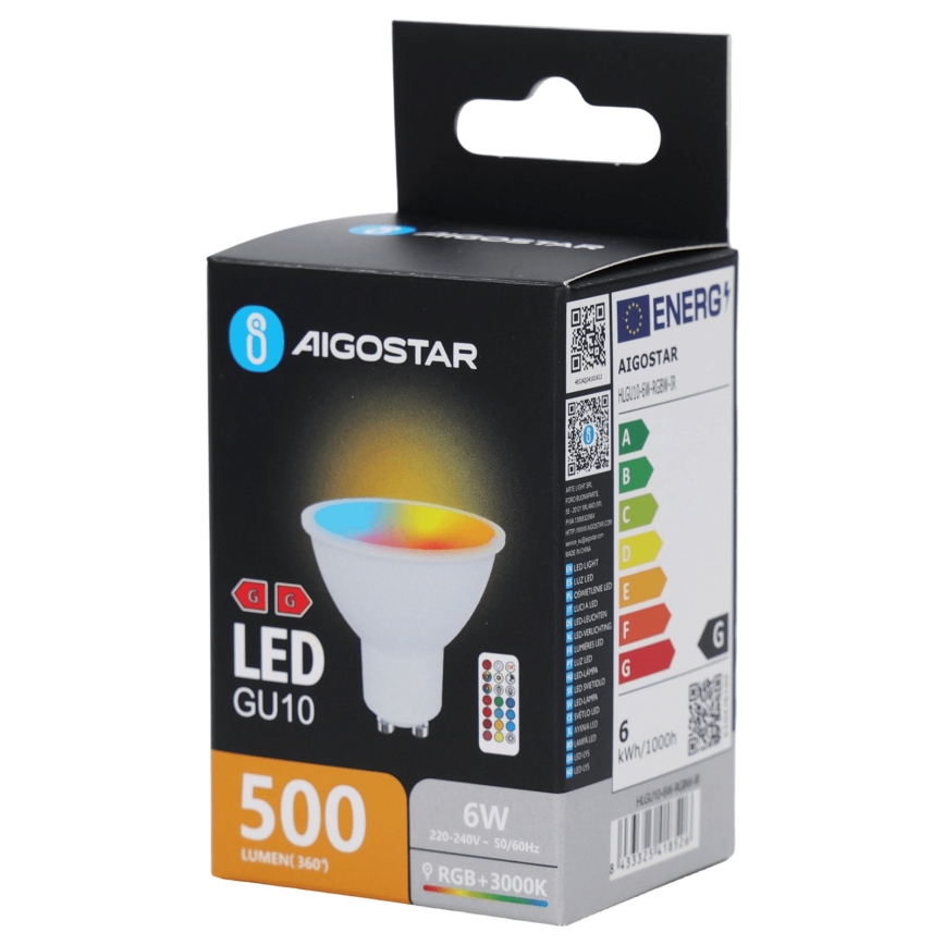 Aigostar - Lampadina LED RGBW dimmerabile GU10/6W/230V 3000K + telecomando
