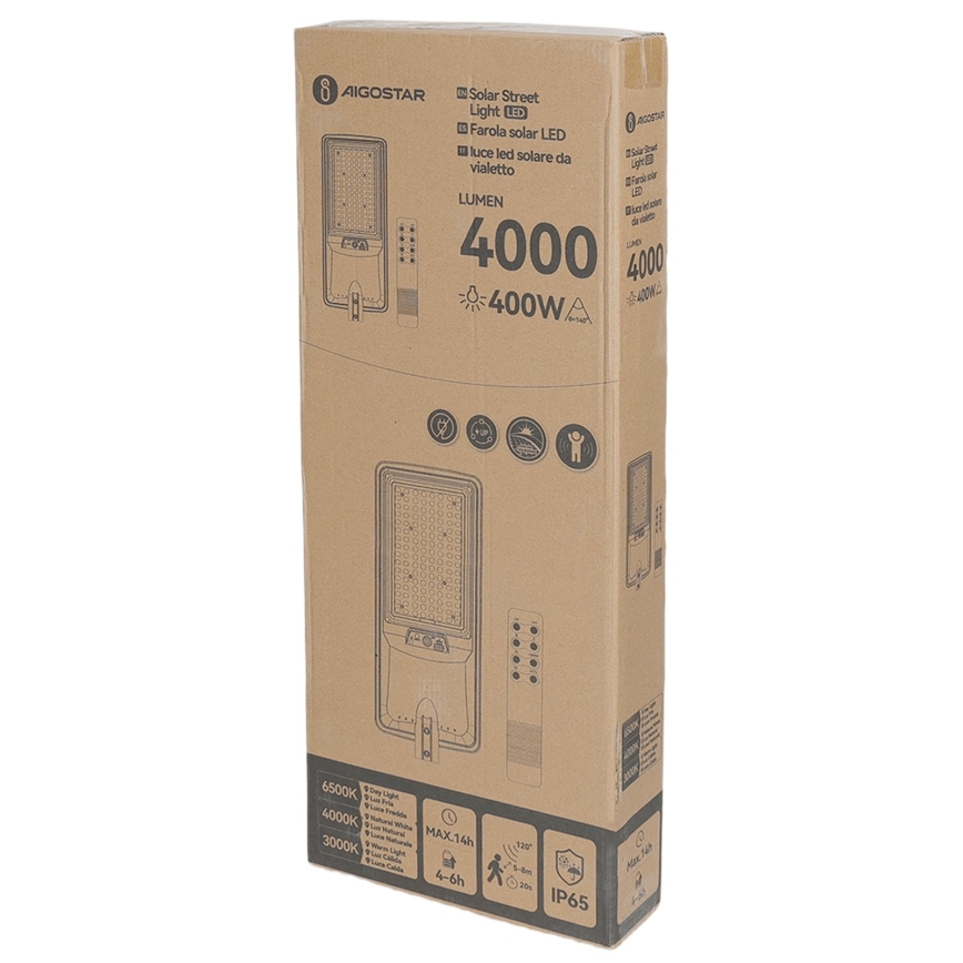 Aigostar - Lampione solare LED con sensore LED/300W/3,2V 3000/4000/6500K 3600mAh + telecomando
