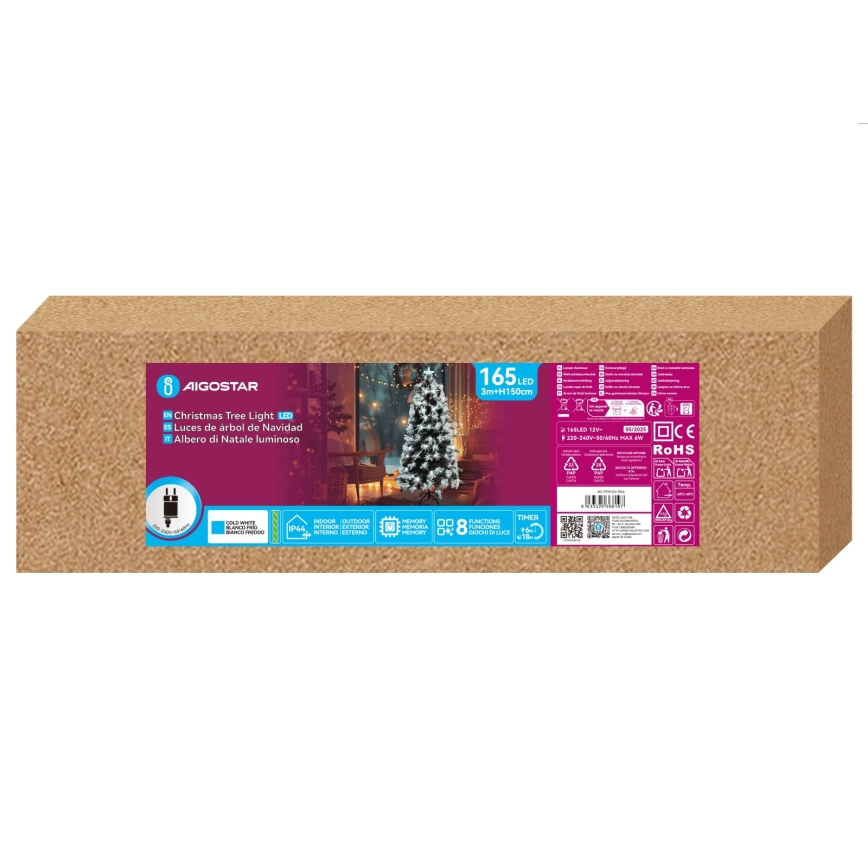 Aigostar - Albero di Natale LED da esterno 165 LED/8 funzioni 1,5 m IP44 luce bianca fredda
