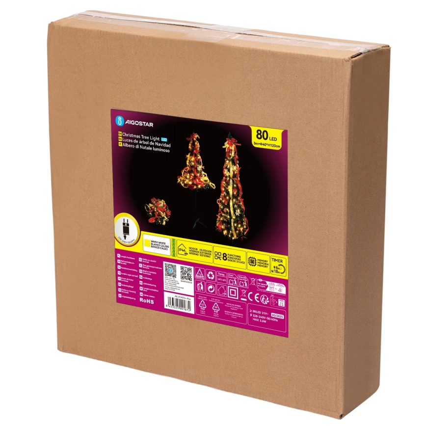 Aigostar - Albero di Natale LED da esterno 80xLED 1,2m IP44 rosso/oro, bianco caldo