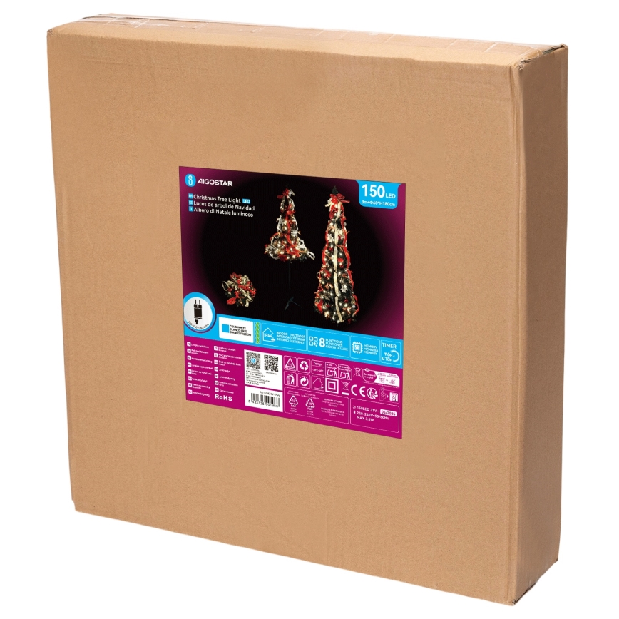 Aigostar - Albero di Natale LED da esterno 150xLED 1,8m IP44 rosso bianco freddo