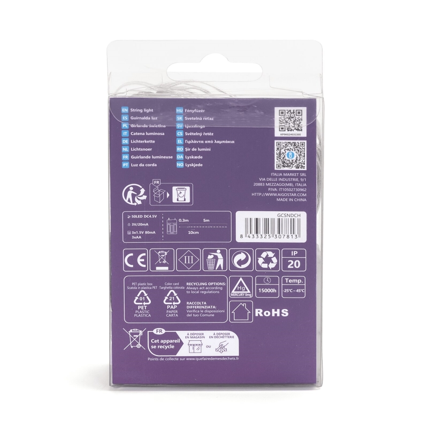 Aigostar - LED  catena 50xLED/3xAA 5,3m bianco caldo