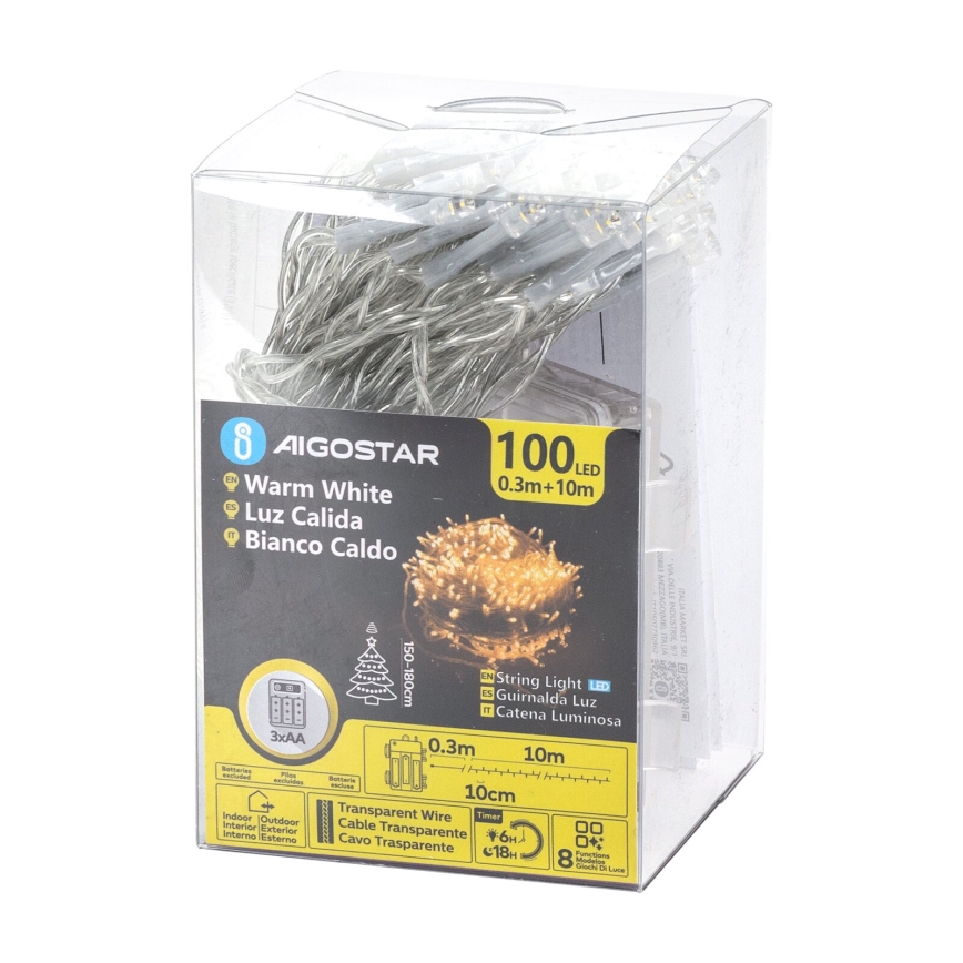 Aigostar -LED Catena luminosa da esterno 100xLED/8 funzioni 3xAA 10,3m IP44 bianco caldo