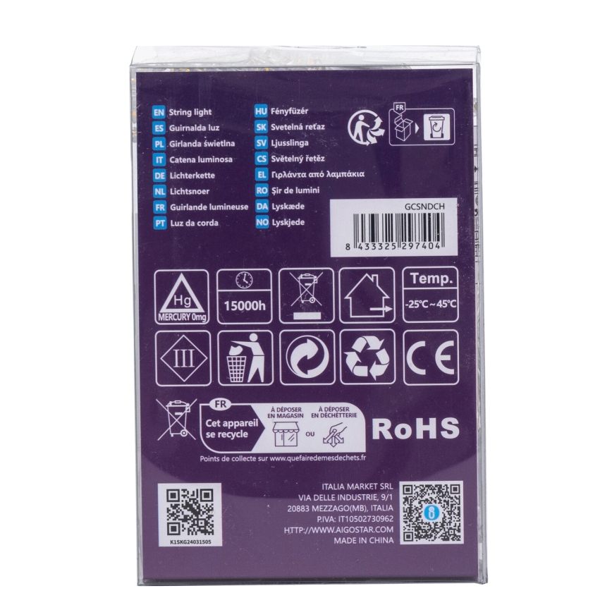 Aigostar -LED Catena luminosa da esterno 100xLED/8 funzioni 3xAA 10,3m IP44 bianco caldo