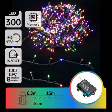 Aigostar - LED catena luminosa da esterno 300 LED/8 funzioni 3x AA 15,3 m IP44 multicolore