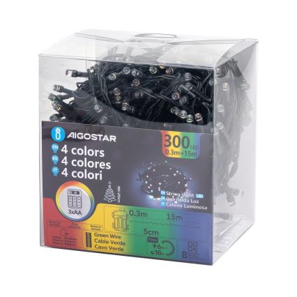 Aigostar - LED catena luminosa da esterno 300 LED/8 funzioni 3x AA 15,3 m IP44 multicolore
