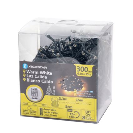 Aigostar-LED Catena luminosa da esterno 300 LED/8 funzioni 3xAA 15,3 m IP44 bianco caldo