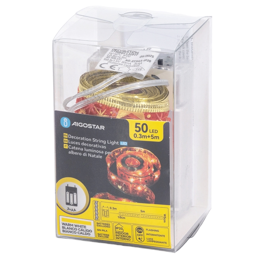 Aigostar - LED catena luminosa di Natale 50xLED/3xAA 5m bianco caldo rosso