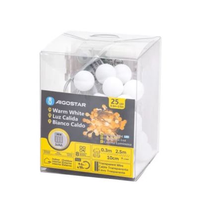 Aigostar-LED Catena luminosa LED da esterno 25xLED/3xAA/8 modalità 2,8 m IP44 bianco caldo