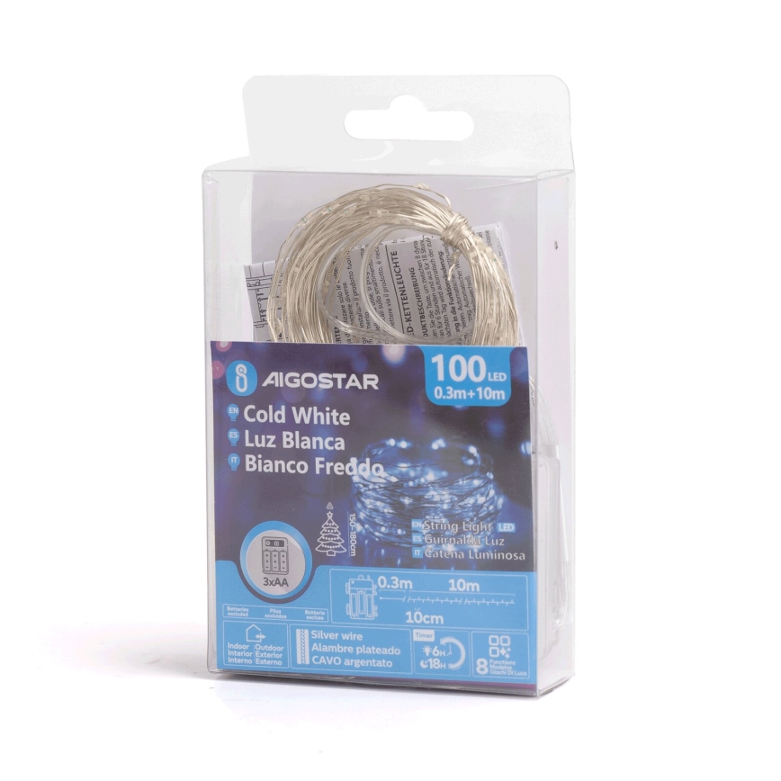 Aigostar - Catena luminosa natalizia LED per esterni 100xLED/8 funzioni/3xAA 10,3m IP44 bianco freddo
