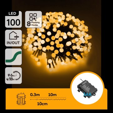 Aigostar - LED Catena luminosa natalizia da esterno 100xLED/8 funzioni 3xAA 10,3m IP44 bianco caldo