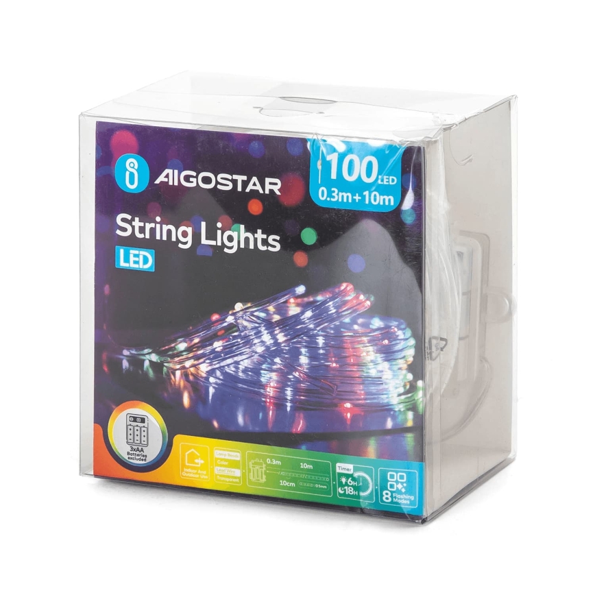 Aigostar - LED Catena luminosa natalizia da esterno 100xLED/8 funzioni 3xAA 10,3m IP44 multicolore