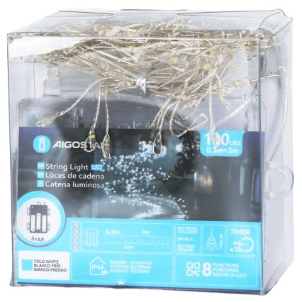 Aigostar - Catena luminosa LED da esterno per Natale, 100 LED, 8 modalità, 3xAA, 3,3 m, IP44, bianco freddo