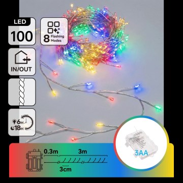 Aigostar - LED Catena luminosa natalizia da esterno 100xLED/8 funzioni 3xAA 3,3m IP44 multicolore