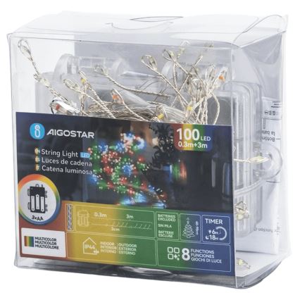 Aigostar - LED Catena luminosa natalizia da esterno 100xLED/8 funzioni 3xAA 3,3m IP44 multicolore