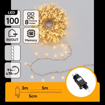 Aigostar - LED catena luminosa natalizia da esterno 100xLED/8 funzioni 5,3m IP44 bianco caldo