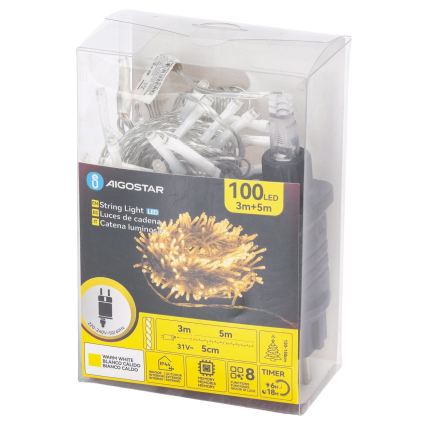 Aigostar - LED catena luminosa natalizia da esterno 100xLED/8 funzioni 5,3m IP44 bianco caldo