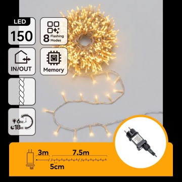 Aigostar - LED catena luminosa natalizia da esterno 150xLED/8 funzioni 10,3m IP44 bianco caldo
