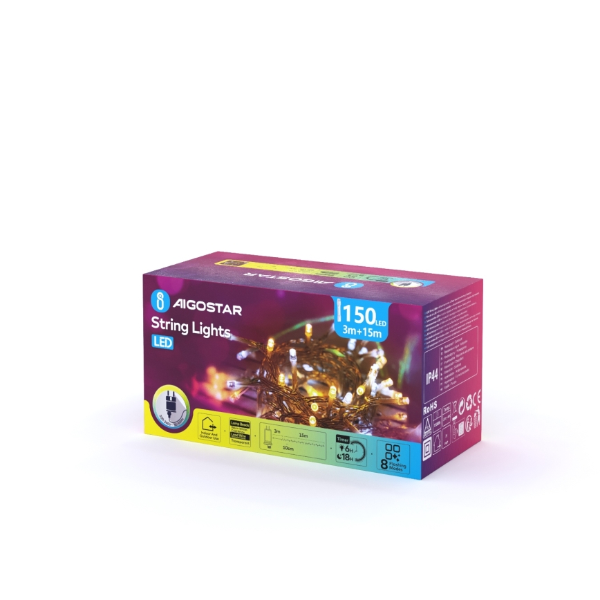 Aigostar - Catena luminosa natalizia LED da esterno 150 LED/8 funzioni 18 m IP44 bianco caldo/bianco freddo