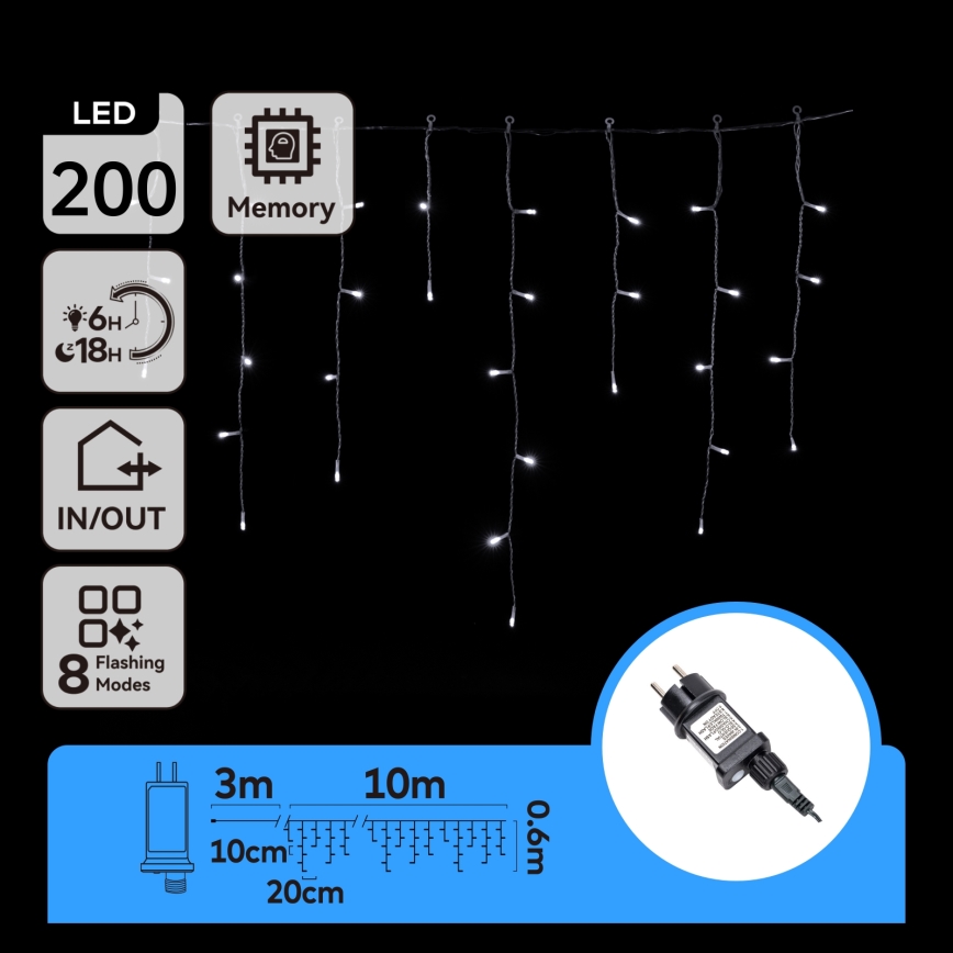 Aigostar - LED Catena luminosa natalizia da esterno 200xLED/8 funzioni 13x0,6m IP44 bianco freddo