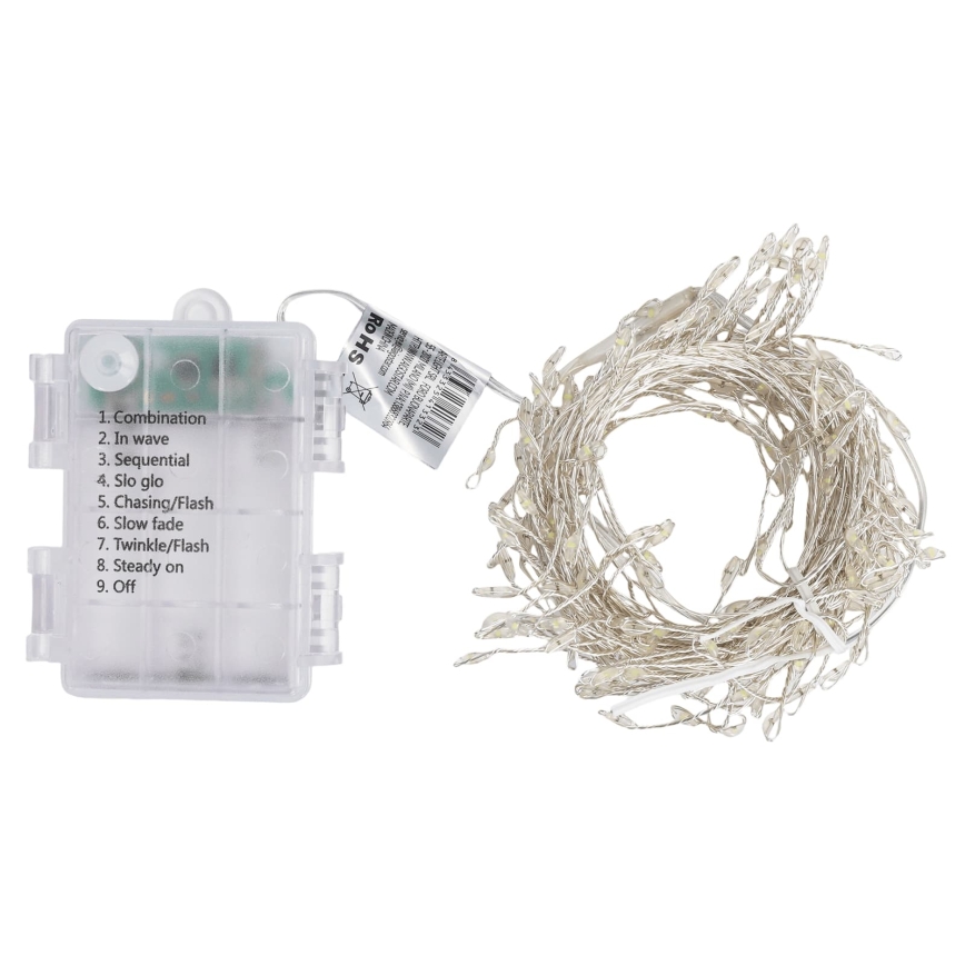Aigostar - Catena natalizia LED da esterno 200 LED/8 funzioni 3xAA 6,3 m IP44 bianco freddo