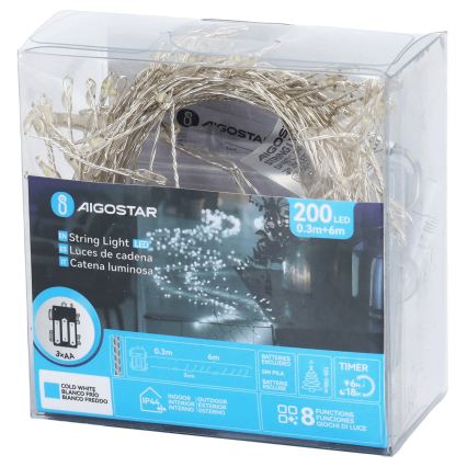 Aigostar - Catena natalizia LED da esterno 200 LED/8 funzioni 3xAA 6,3 m IP44 bianco freddo