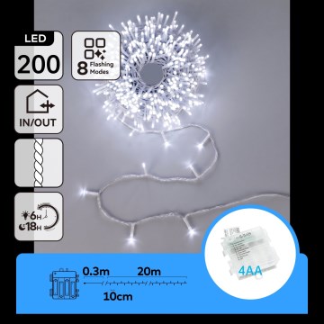 Aigostar - LED catena luminosa natalizia da esterno 200xLED/8 funzioni 4xAA 20m IP44 bianco freddo