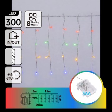 Aigostar - LED Catena luminosa natalizia da esterno 300 LED/8 funzioni 3xAA 18x0,4m IP44 multicolore