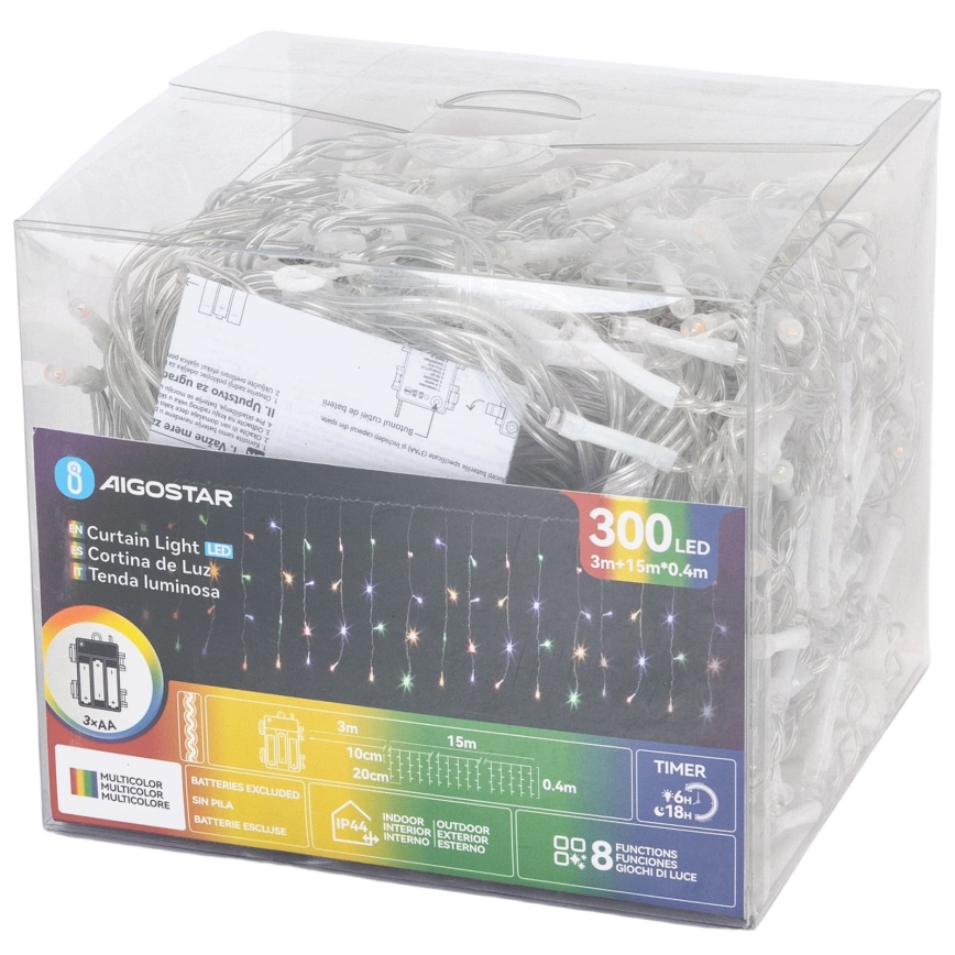 Aigostar - LED Catena luminosa natalizia da esterno 300 LED/8 funzioni 3xAA 18x0,4m IP44 multicolore