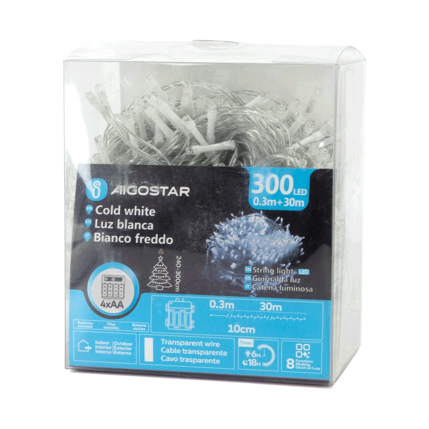 Aigostar - Luci natalizie a LED per esterni, 300 LED / 8 funzioni, 4xAA, 30 m, IP44, bianco freddo