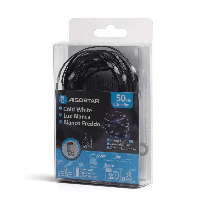 Aigostar -LED Catena luminosa natalizia da esterno 50xLED/8 funzioni 3xAA 5,3m IP44 bianco freddo