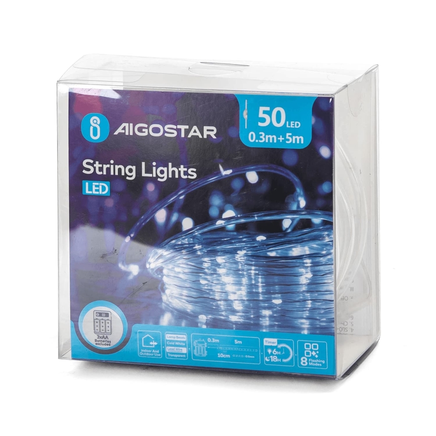 Aigostar - Catena luminosa natalizia LED da esterno 50xLED/8 funzioni 3xAA 5,3m IP44 bianco freddo