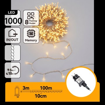 Aigostar - LED catena luminosa natalizia per esterni 1000xLED/8 funzioni 103m IP44 bianco caldo