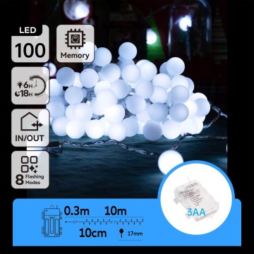 Aigostar - LED Catena luminosa natalizia per esterni 100xLED/3xAA/8 funzioni 10,3 m IP44 bianco freddo