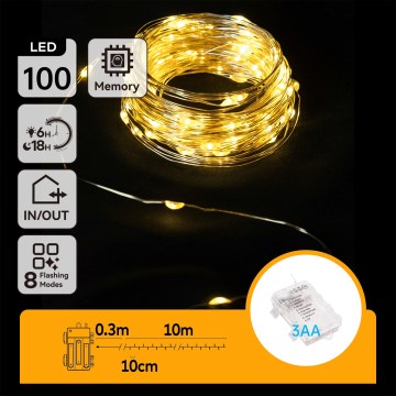 Aigostar -LED Catena luminosa natalizia per esterni 100xLED/8 funzioni 3xAA 10,3m IP44 bianco caldo