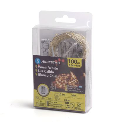 Aigostar -LED Catena luminosa natalizia per esterni 100xLED/8 funzioni 3xAA 10,3m IP44 bianco caldo