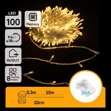 Aigostar -LED Catena luminosa natalizia per esterni 100xLED/8 funzioni 3xAA 10,3m IP44 bianco caldo