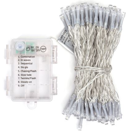 Aigostar -LED Catena luminosa natalizia per esterni 100xLED/8 funzioni 3xAA 10,3m IP44 bianco caldo