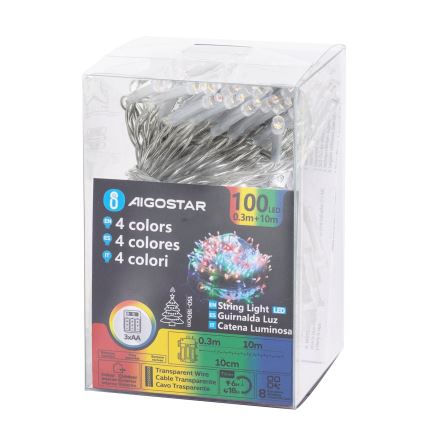 Aigostar - Catena luminosa natalizia a LED da esterno 100 LED/8 funzioni 3xAA 10,3m IP44 multicolore