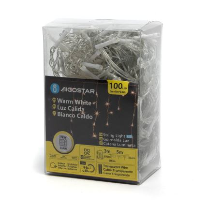 Aigostar - Catena luminosa natalizia LED da esterno 100xLED/8 funzioni 3xAA 8x0,6m IP44 bianco caldo