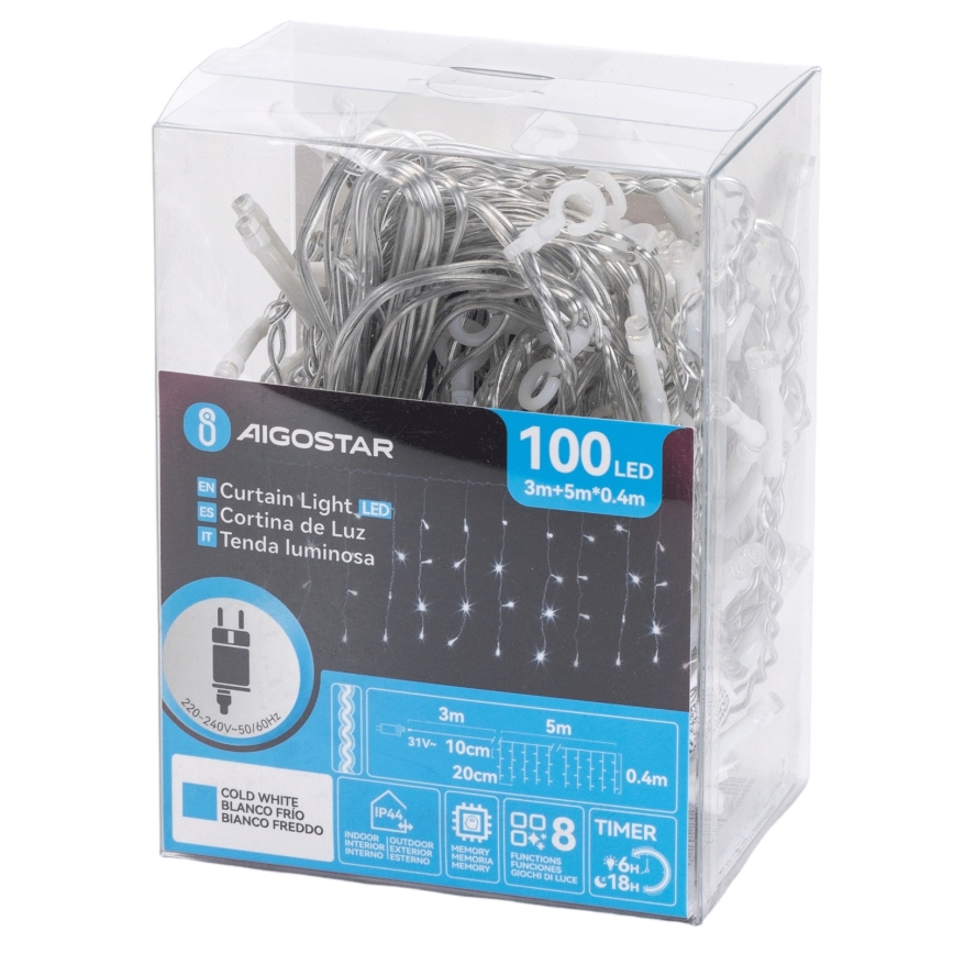 Aigostar - LED catena luminosa natalizia per esterni 100xLED/8 funzioni 5x0,4m IP44 bianco freddo