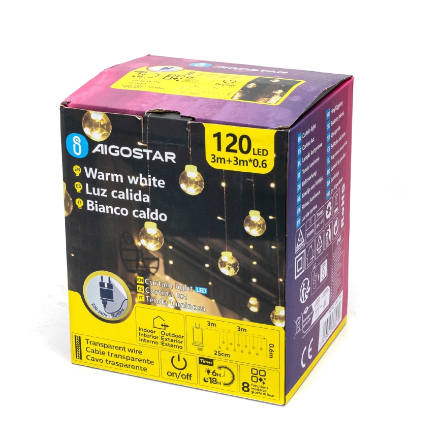 Aigostar - Catena luminosa natalizia LED da esterno 120xLED/8 funzioni 3x0,6m IP44 bianco caldo + telecomando