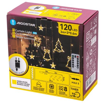 Aigostar - LED catena luminosa natalizia da esterno 120 LED / 8 funzioni 3 x 0,6 m IP44 bianco caldo + telecomando