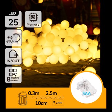Aigostar-LED Catena luminosa natalizia per esterni 25xLED/3xAA/8 funzioni 2,8 m IP44 bianco caldo