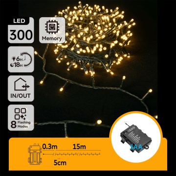 Aigostar-LED Catena luminosa natalizia per esterni 300 LED/8 funzioni 3xAA 15,3 m IP44 bianco caldo