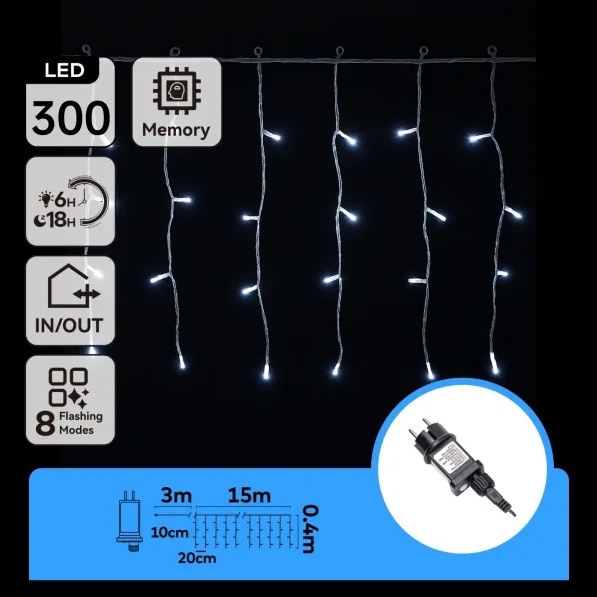 Aigostar - LED Catena luminosa natalizia per esterni 300xLED/6W/230V/8 funzioni 15x0,4m IP44 bianco freddo