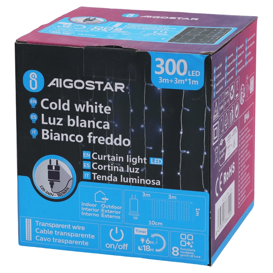 Aigostar - Catena luminosa natalizia LED per esterni 300 LED/8 funzioni 3x1m IP44 bianco freddo + telecomando