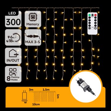 Aigostar - LED Catena luminosa natalizia per esterni 300xLED/8 funzioni 3x1m IP44 bianco caldo + telecomando